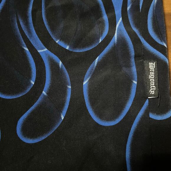 Y2K Mens Dragonfly Black and Blue Flame Button Up Shirt Size Large - Picture 3 of 6